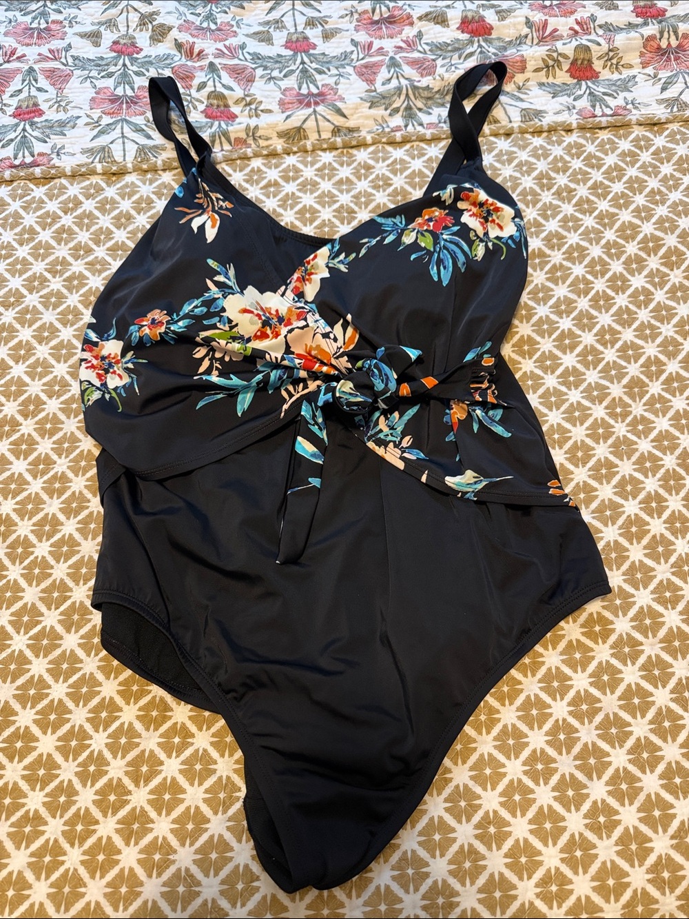 EVRI Black Floral One-Piece Swimsuit with Tie Front